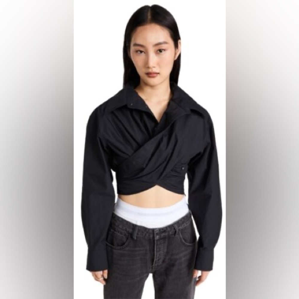 W/ Tags Alexander Wang Cross Front Wrap Style Cropped Shirt 4 Black
